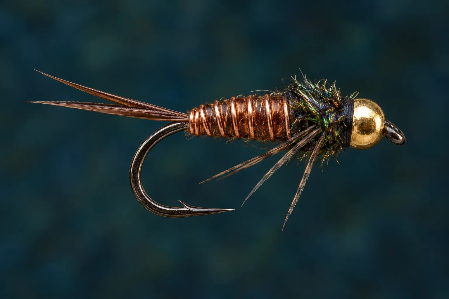 Illustration of a Copper John nymph fly with copper wire body and gold bead head